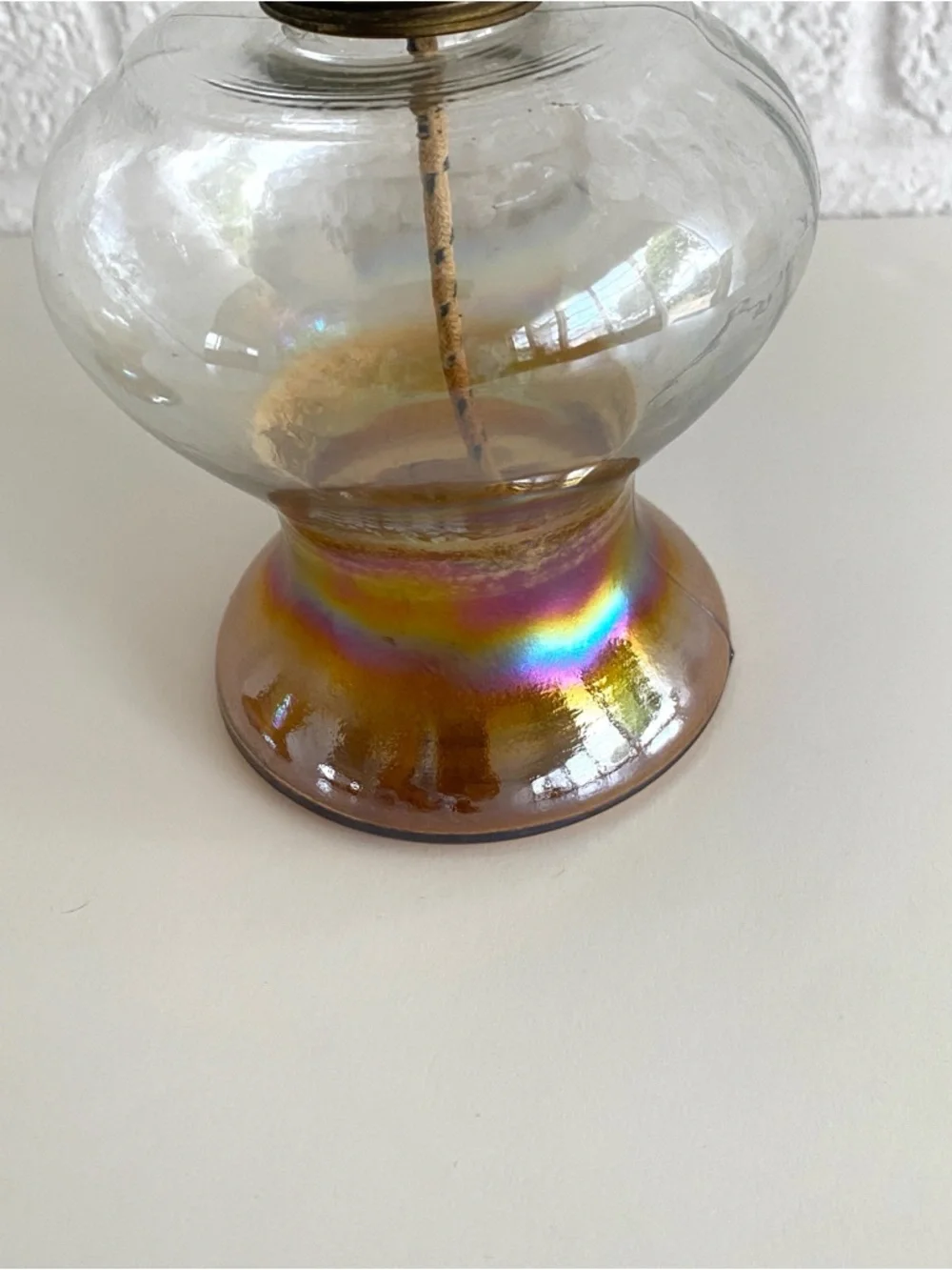 Pair of Vintage Iridescent Glass Oil Hurricane Lamps